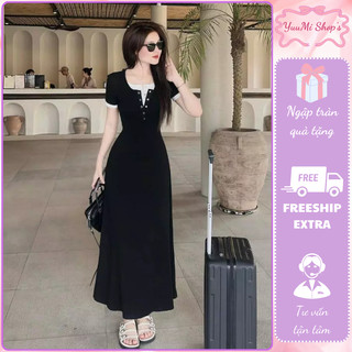 Đầm cộc tay dáng dài phối viền cổ khuy trước váy thun gân suông nhẹ ôm eo tôn dáng sang chảnh HCOM25848