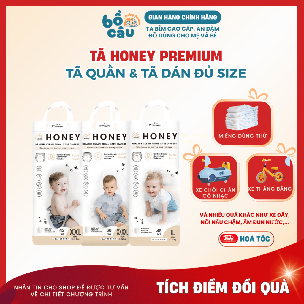 Tã Bỉm Dán/Quần Honey Premium Tơ Tằm Siêu Mềm Mịn Và Thấm Hút Đủ Size Cho Bé