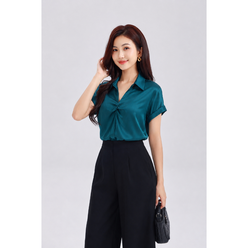 Áo Sơ Mi Nữ GUMACTay Ngắn Xoắn Ngực Chất Lụa Mềm Mát Thoải Mái Cả Ngày LAG05074