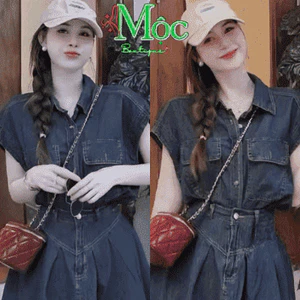 Set đầm váy Jean, Jean Quảng Châu xinh xắn năng dộng mix chân váy xếp ly có lót áo cánh dơi túi hộp