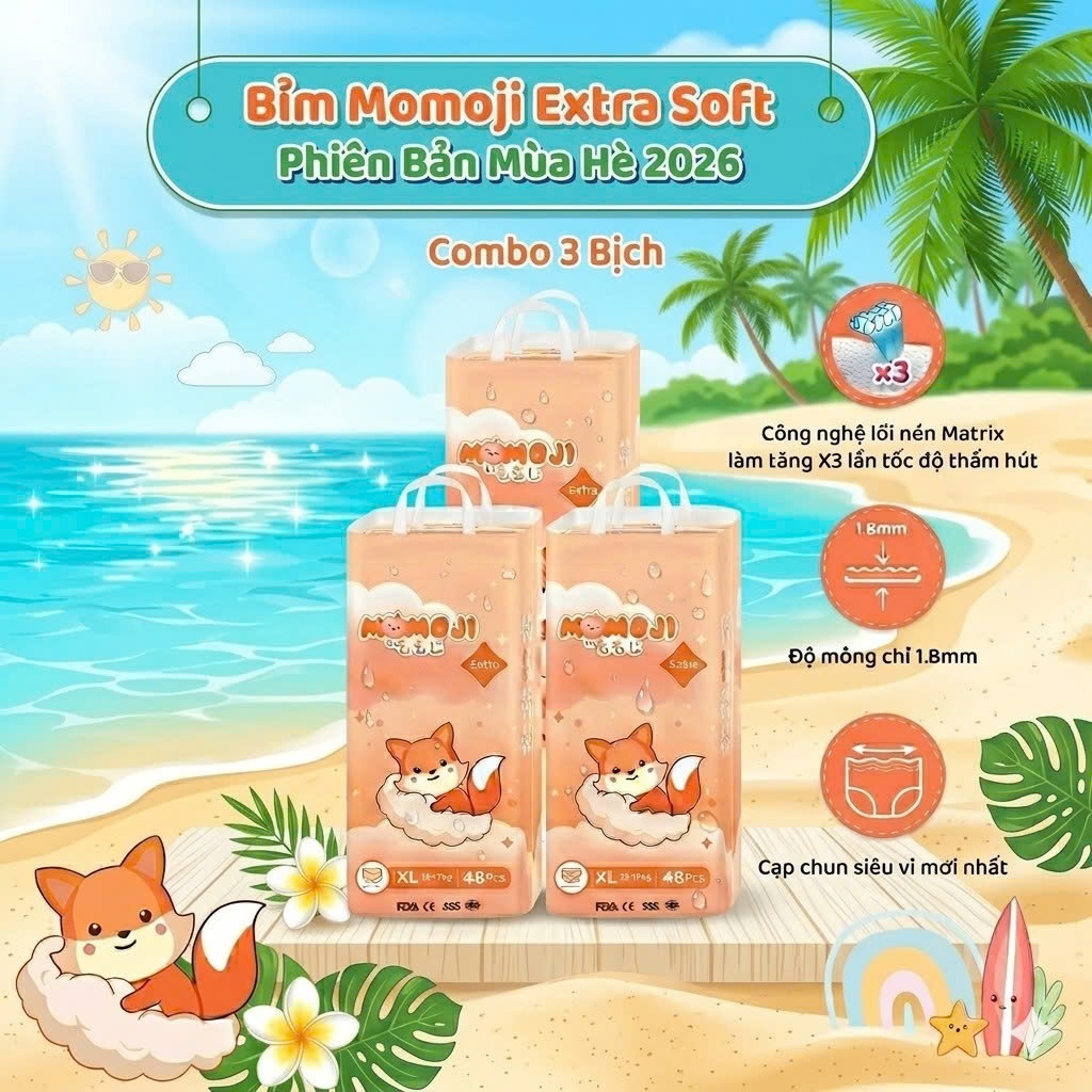 [Tặng quà] Combo 3 Bịch Tã/Bỉm Quần Momoji extra Soft siêu thấm hút mỏng mềm đủ size