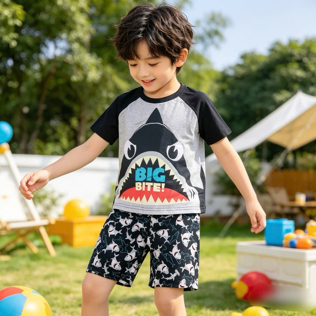 [Sale hàng lỗi] Set bộ bé trai C970 hình cá mập TQXK cotton mềm mát – đồ hè trẻ em sale, size 2–12Y (10–41kg)