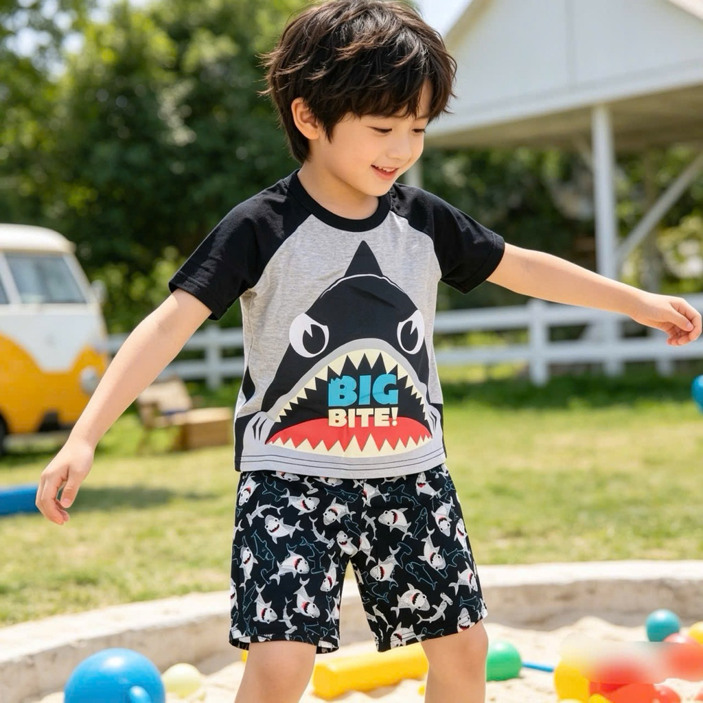 [Sale hàng lỗi] Set bộ bé trai C970 hình cá mập TQXK cotton mềm mát – đồ hè trẻ em sale, size 2–12Y (10–41kg)