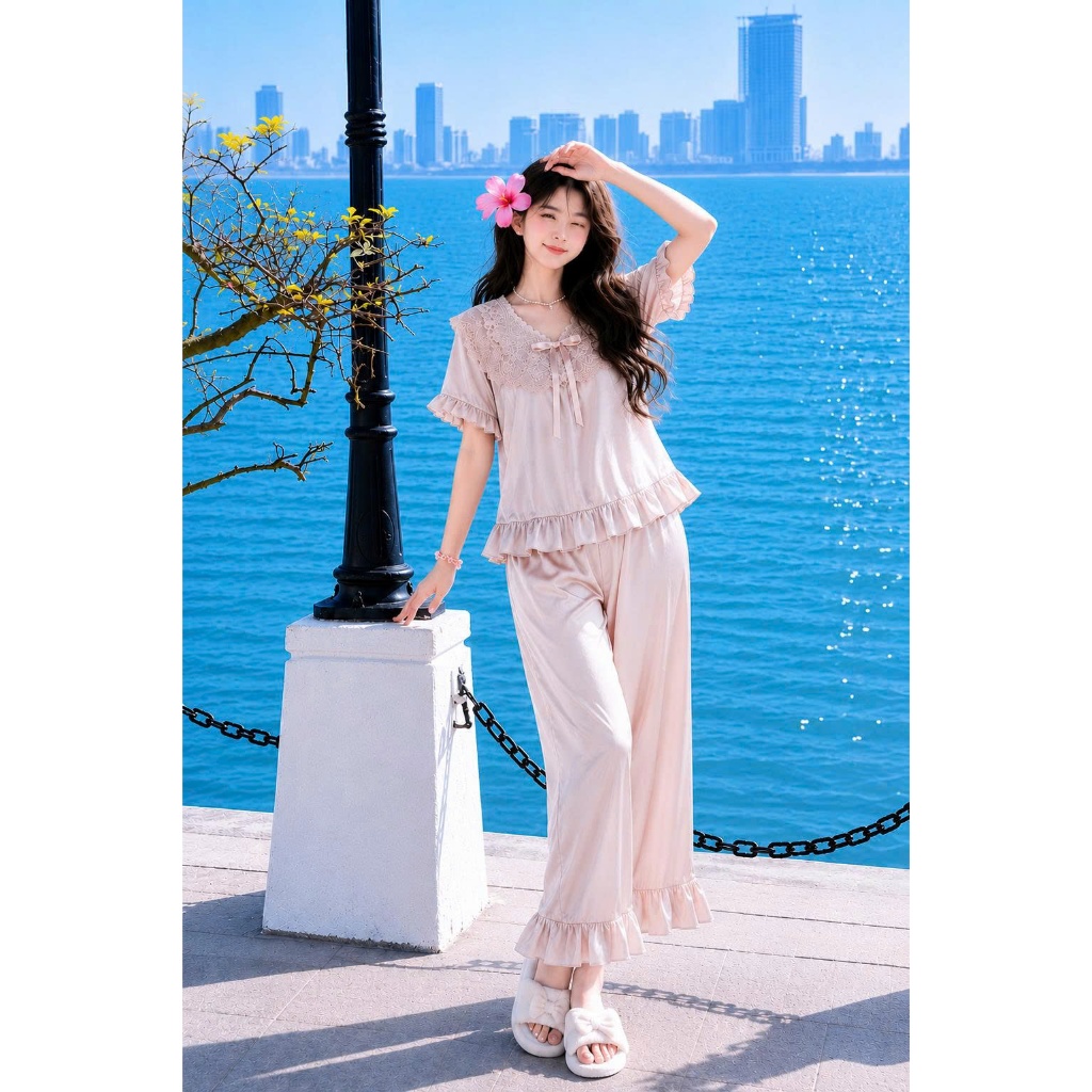 HHD12 Bộ Đồ Ngủ Lụa Latin Mát Chất Liệu Cao Cấp Mềm Mịn Mướt Mát Trên Da Sang Trọng Dễ Giặt Bảo Quản Đơn Giản