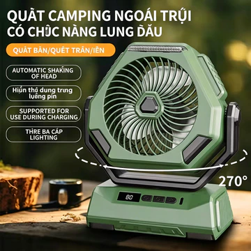 Quạt cắm trại Quạt trần ngoài trời có thể sạc lại Quạt dao động di động Máy điều hòa không khí di động với 3 bánh răng