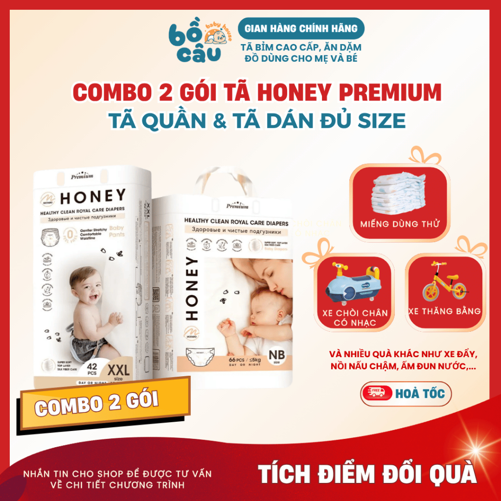 [COMBO 2] Tã Bỉm Dán/Quần Honey Premium Siêu Mềm Mịn Và Cực Thấm Hút