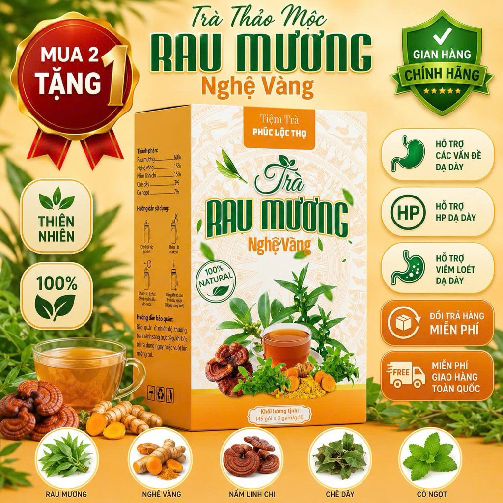 Trà Cây Rau Mương Nghệ Vàng ( Hộp 45 Gói ) - Hỗ Trợ Các Vấn Đề Dạ Dày, Trào Ngược, HP, Ợ Hơi, Ợ Chua, Đại Tràng