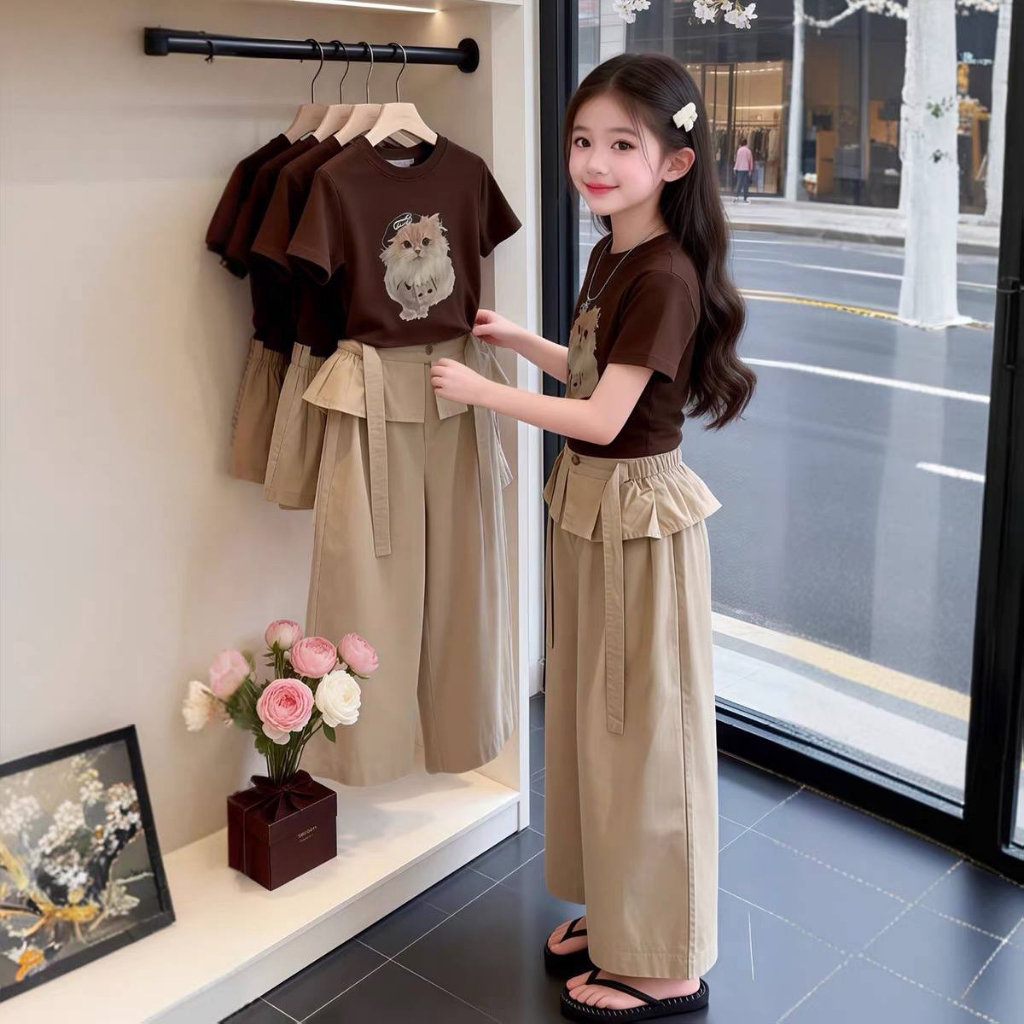 Áo cotton nâu in mèo,Quần kaki dài cạp bèo cho bé gái size đại BEESHOP H26090A, H26090Q