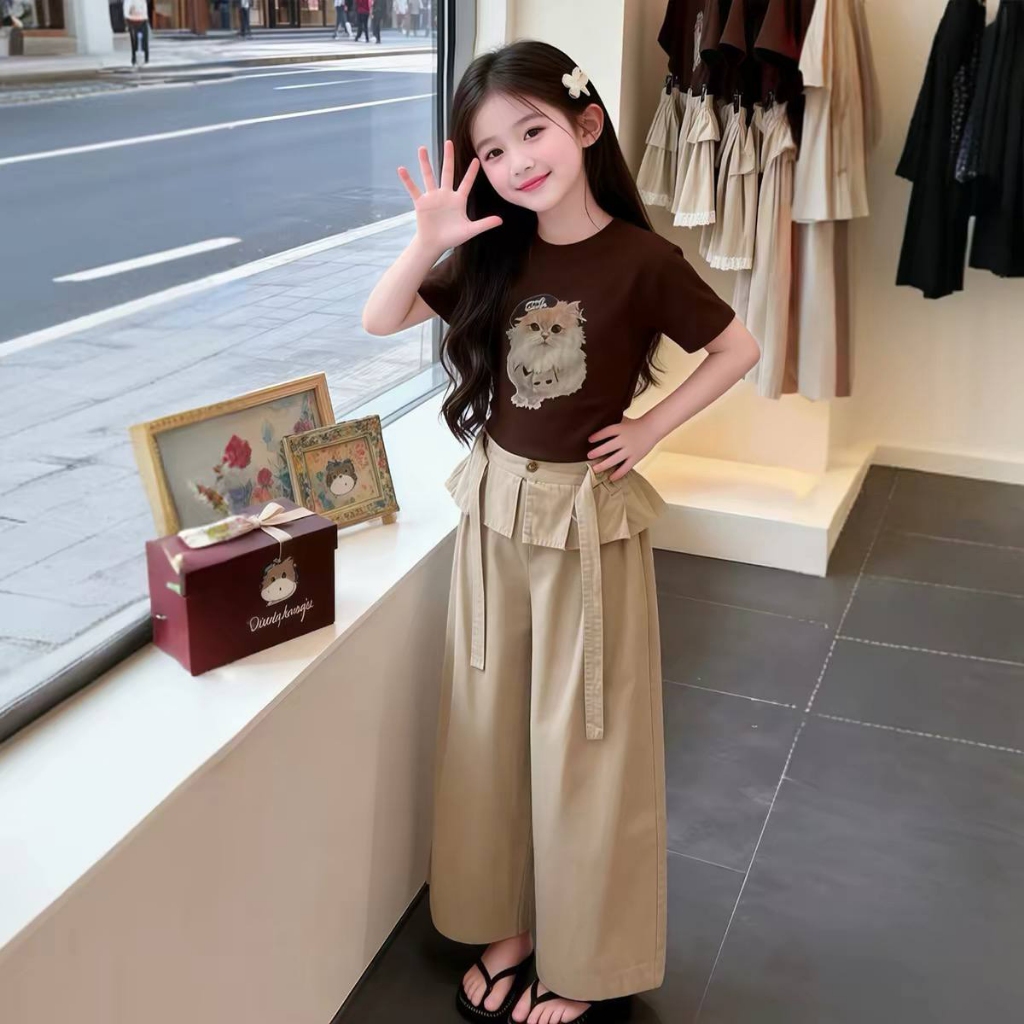 Áo cotton nâu in mèo,Quần kaki dài cạp bèo cho bé gái size đại BEESHOP H26090A, H26090Q