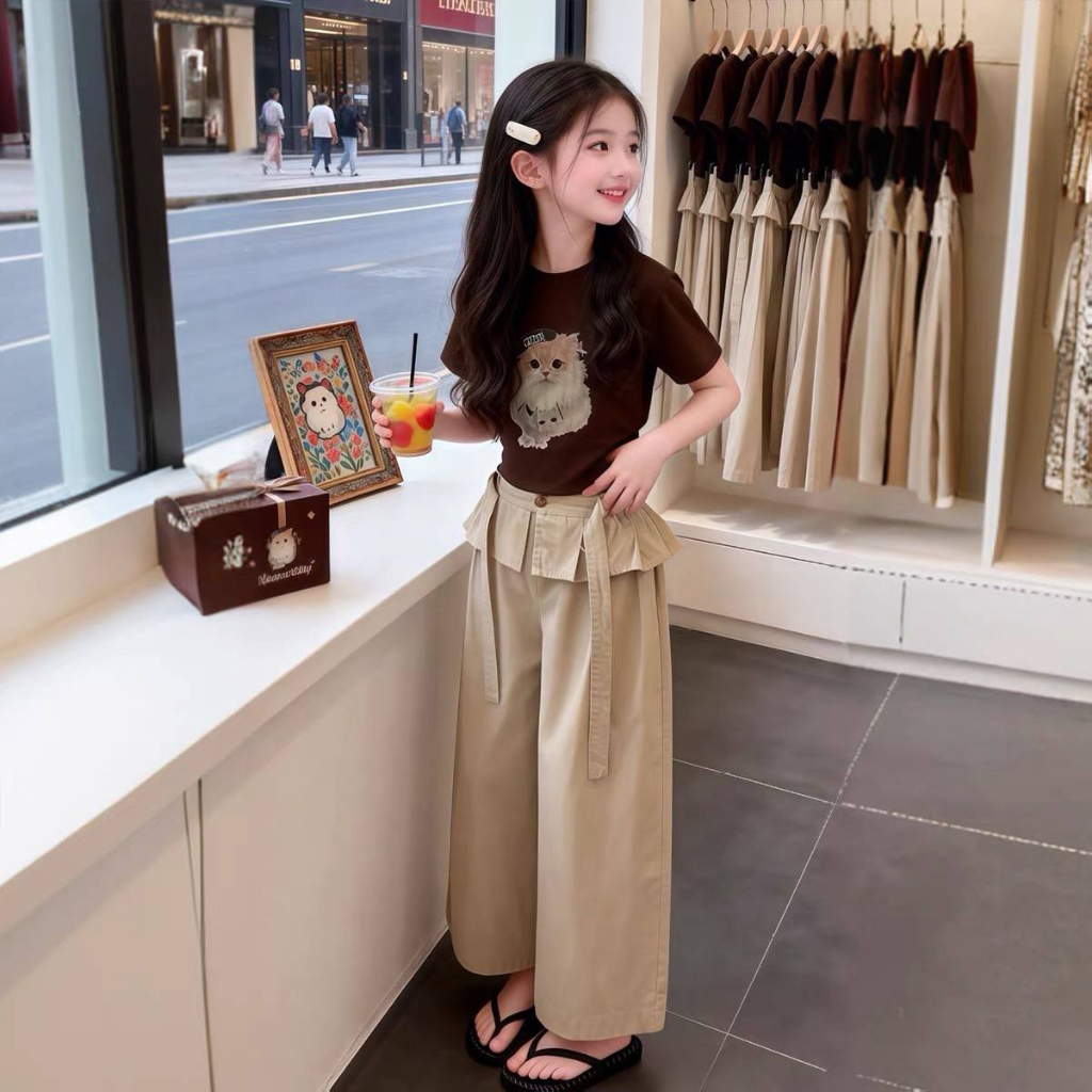Áo cotton nâu in mèo,Quần kaki dài cạp bèo cho bé gái size đại BEESHOP H26090A, H26090Q