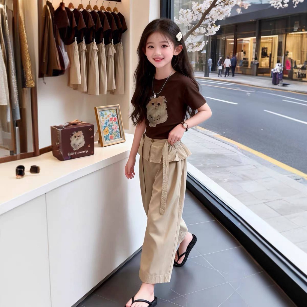 Áo cotton nâu in mèo,Quần kaki dài cạp bèo cho bé gái size đại BEESHOP H26090A, H26090Q