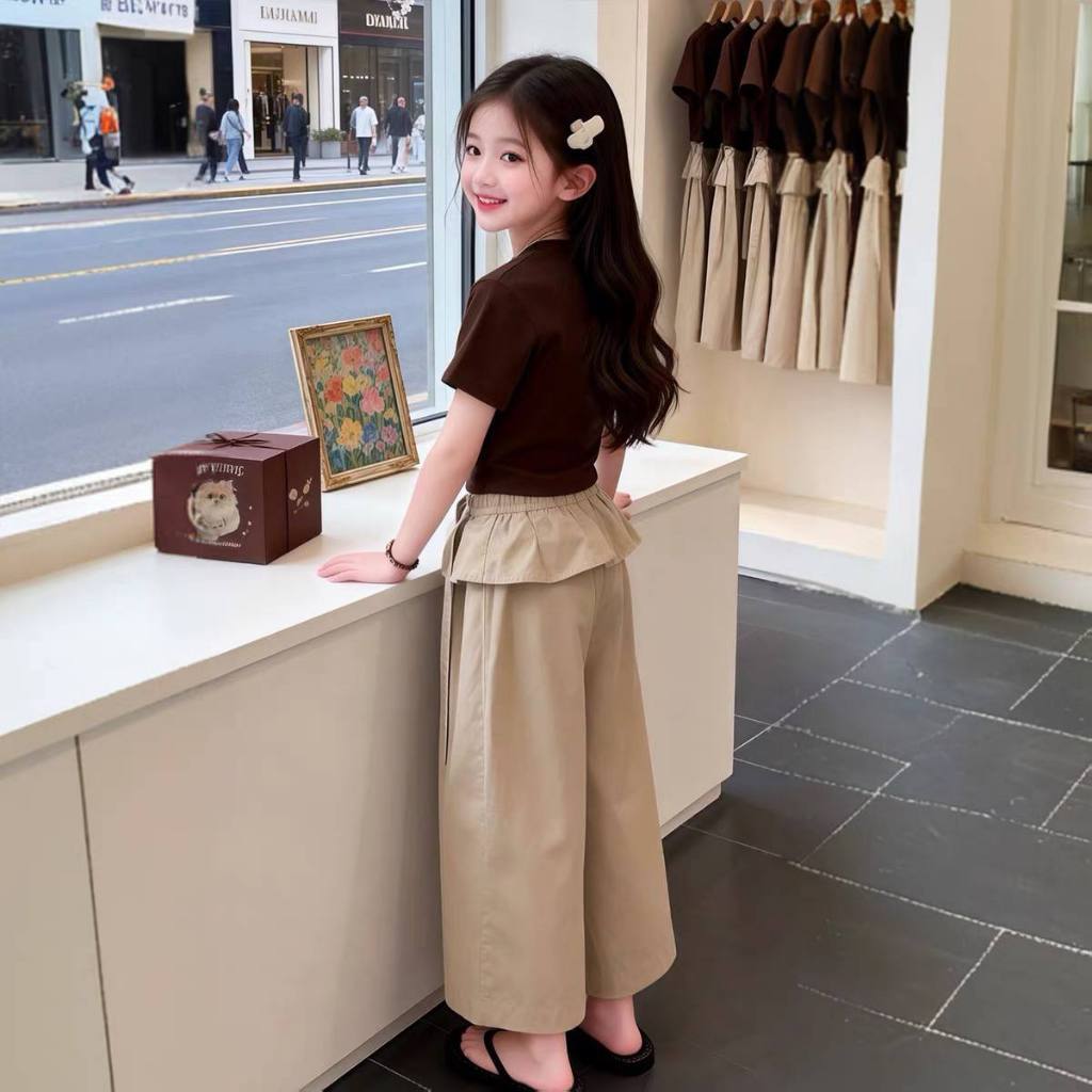 Áo cotton nâu in mèo,Quần kaki dài cạp bèo cho bé gái size đại BEESHOP H26090A, H26090Q