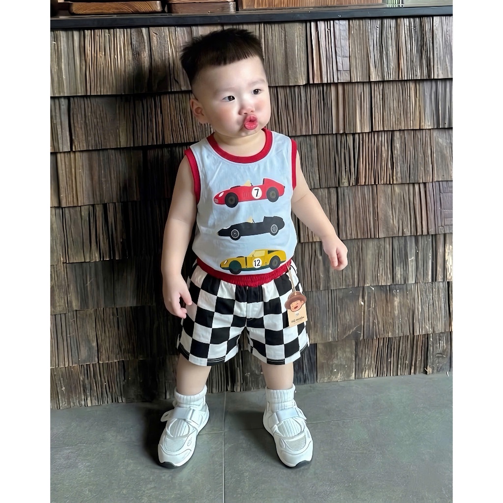 Bộ quần áo ba lỗ hoạ tiết ô tô chó cứu hộ, chất vải cotton mềm mịn ,  co dãn,thấm hút mồ hôi cho bé size 10-25kg