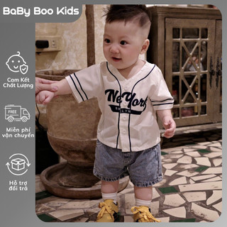 Set Đồ Bé Trai Áo Sơ Mi Bóng Chày N.Y + Quần Short Jean, Bộ Quần Áo Bé Trai Cotton Mùa Hè 8-17kg A06