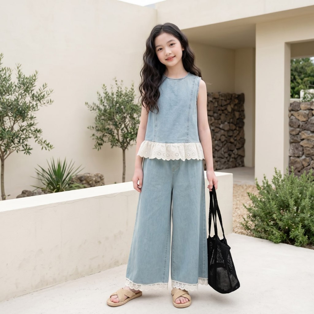 Set jean sát nách phối ren cho bé gái size đại BEESHOP H26091