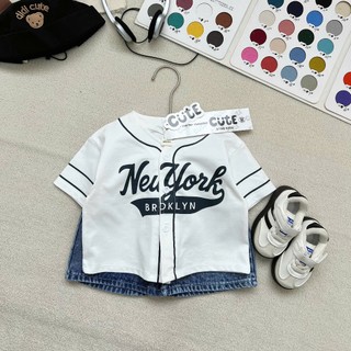 Set Đồ Bé Trai Áo Sơ Mi Bóng Chày N.Y + Quần Short Jean, Bộ Quần Áo Bé Trai Cotton Mùa Hè 8-17kg A06