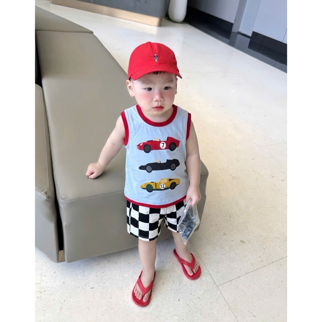 Bộ quần áo ba lỗ hoạ tiết ô tô chó cứu hộ, chất vải cotton mềm mịn ,  co dãn,thấm hút mồ hôi cho bé size 10-25kg