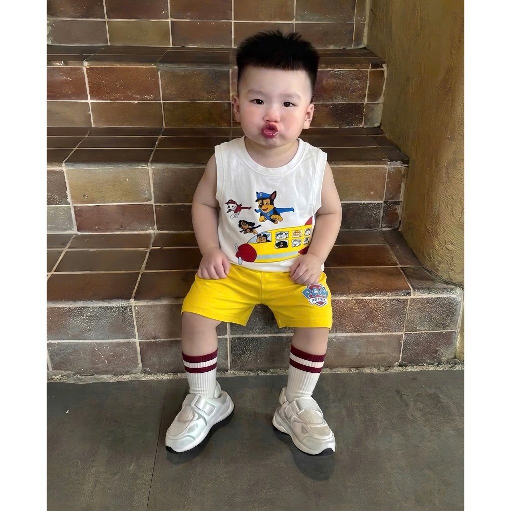 Bộ quần áo ba lỗ hoạ tiết ô tô chó cứu hộ, chất vải cotton mềm mịn ,  co dãn,thấm hút mồ hôi cho bé size 10-25kg