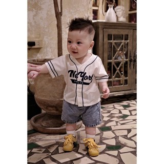 Set Đồ Bé Trai Áo Sơ Mi Bóng Chày N.Y + Quần Short Jean, Bộ Quần Áo Bé Trai Cotton Mùa Hè 8-17kg A06