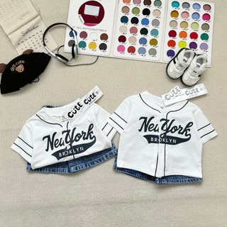 Set Đồ Bé Trai Áo Sơ Mi Bóng Chày N.Y + Quần Short Jean, Bộ Quần Áo Bé Trai Cotton Mùa Hè 8-17kg A06