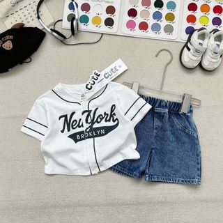 Set Đồ Bé Trai Áo Sơ Mi Bóng Chày N.Y + Quần Short Jean, Bộ Quần Áo Bé Trai Cotton Mùa Hè 8-17kg A06