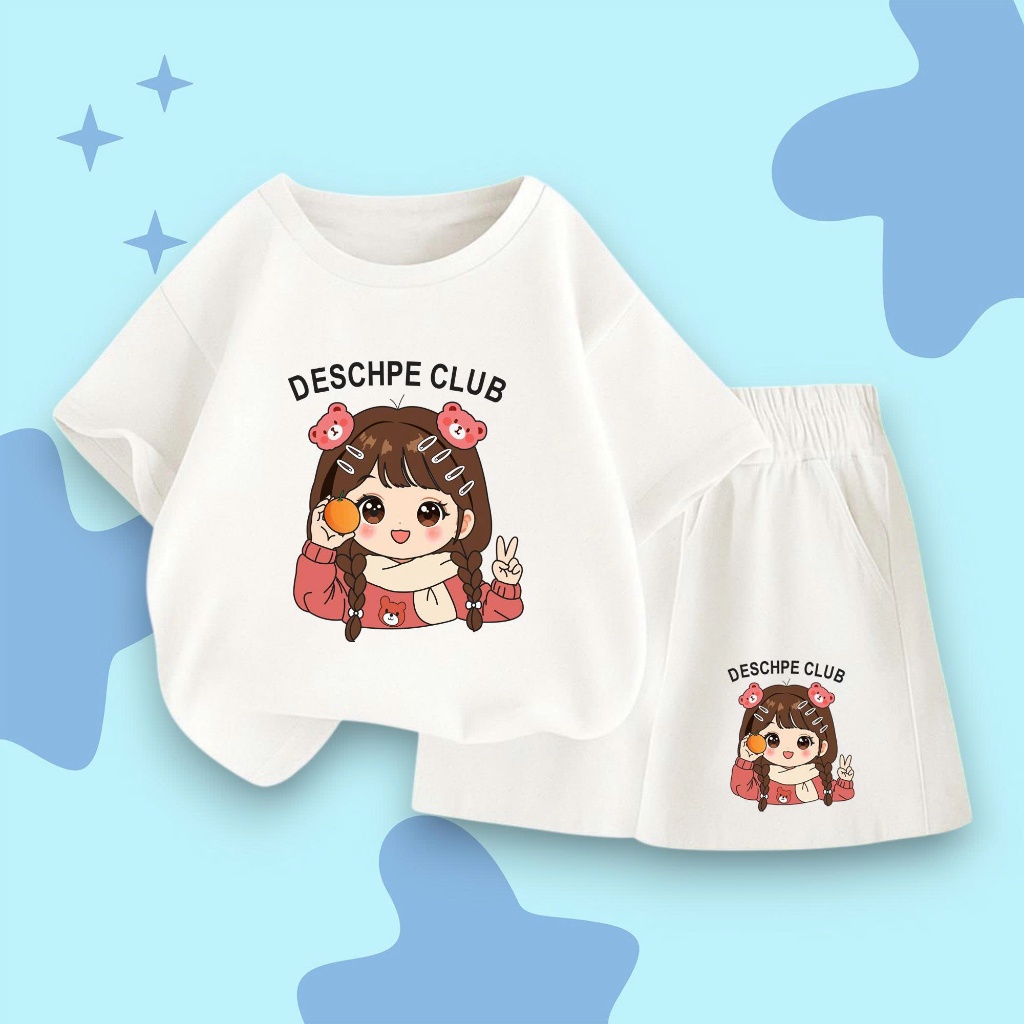 Set bộ quần áo cộc tay mùa hè hot trend vô cùng xinh xắn dành cho bé gái mẫu DESCHPE CLUB 10--53 KG