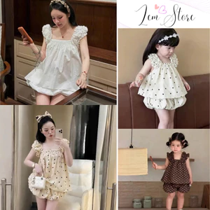 Set Hai Dây Tiểu Thư Tay Bèo Áo Babydoll Cổ Vuông Quần Short Bí Phồng - Đồ Đôi Mẹ Và Bé Gái
