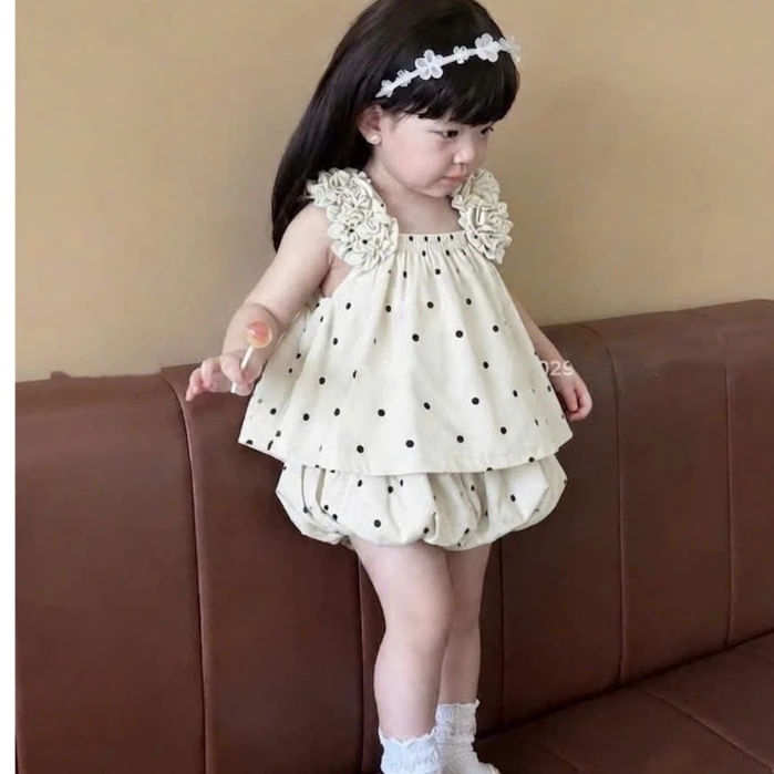 (Sẵn Hỏa Tốc) Set Hai Dây Tiểu Thư Tay Bèo Áo Babydoll Cổ Vuông Quần Short Bí Phồng - Đồ Đôi Mẹ Và Bé Gái