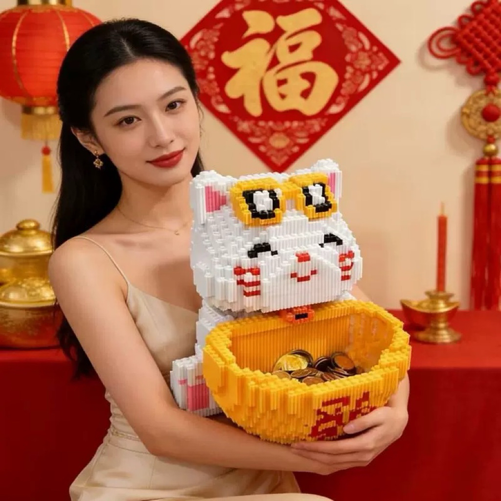 Đồ Chơi Lắp Ráp Mèo Thần Tài Nguyên Bảo Yuanbao Có Khay Đựng Đồ - Mô Hình Khối Lắp Ráp Mini May Mắn Decor Bàn Làm Việc