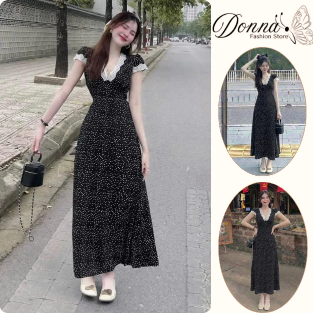 Váy dáng dài chấm bi cổ v đắp ren đầm maxi liền thân tay phồng tôn dáng gầy đi chơi trendy HCOM25757