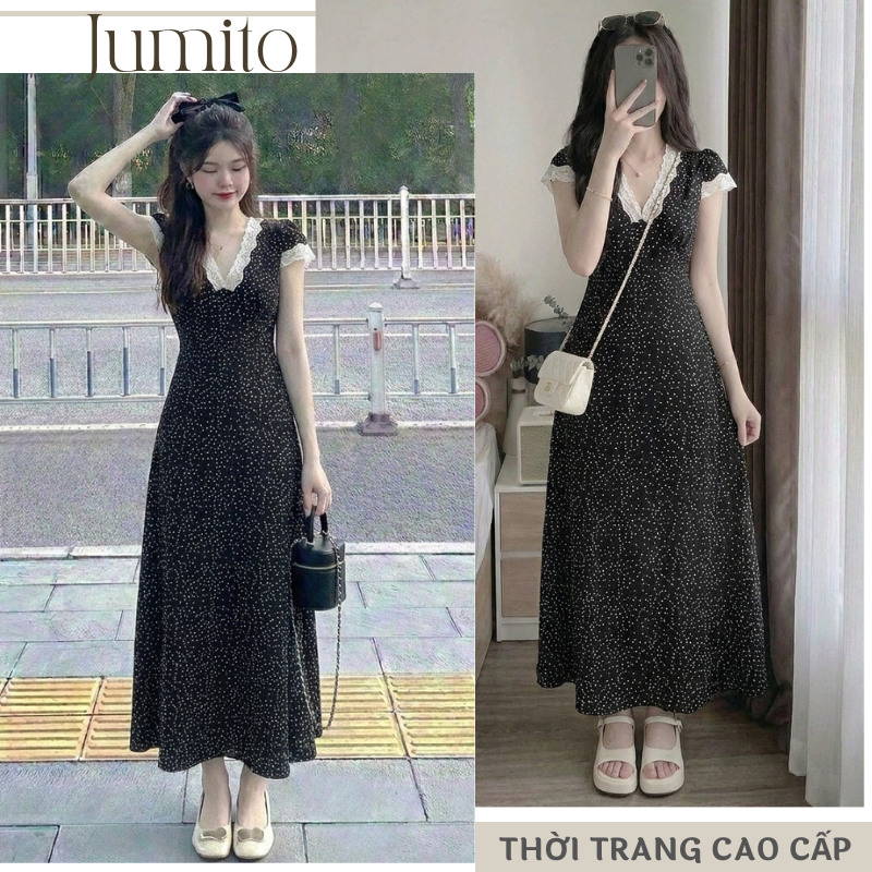 Váy liền thân dáng dài chấm bi nhí đầm maxi cổ v phối ren tiểu thư vintage đi du lịch hè HCOM25757