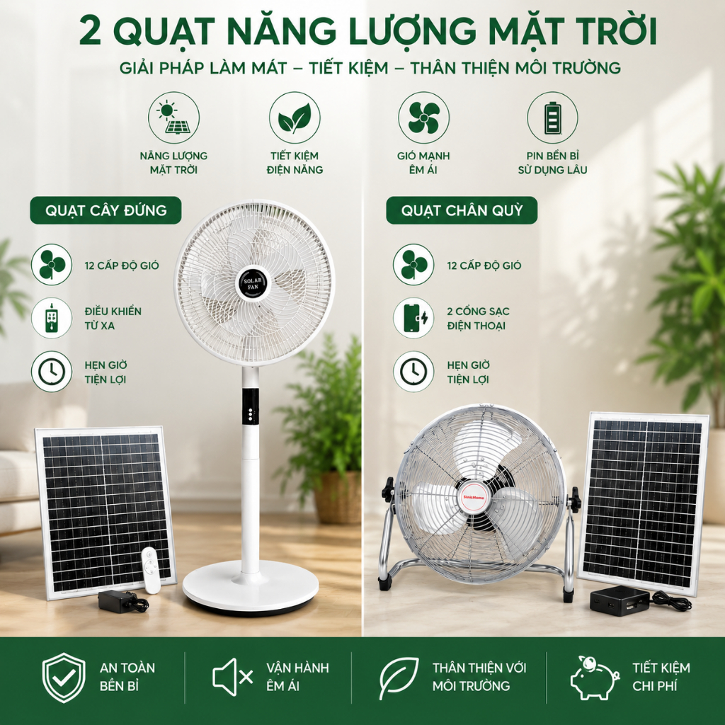 Quạt Năng Lượng Mặt Trời Tích Điện SinicHome Tốc Độ Gió Mạnh, Nhãn Năng Lượng 5 Sao, Sạc Được Điện Lưới