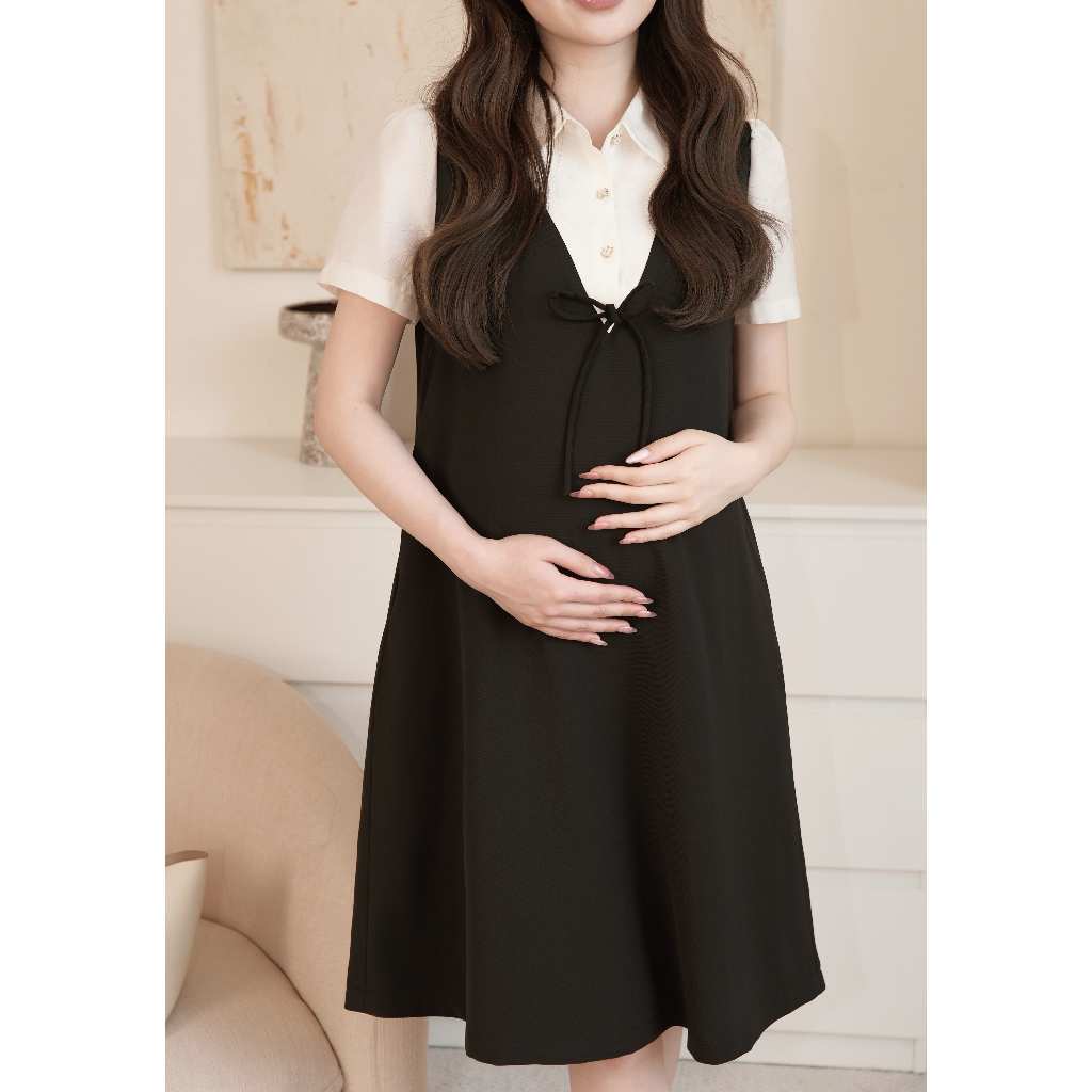 Váy Bầu LIZY DRESS Chất Liệu Chéo Ý Cao Cấp, Đầm Bầu Công Sở Giả 2 Lớp Phối Tơ Hàn Che Bụng Tốt - L'amme