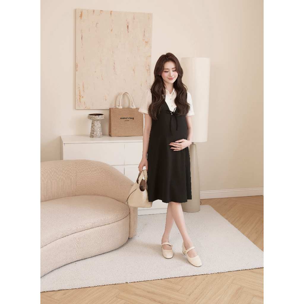 Váy Bầu LIZY DRESS Chất Liệu Chéo Ý Cao Cấp, Đầm Bầu Công Sở Giả 2 Lớp Phối Tơ Hàn Che Bụng Tốt - L'amme