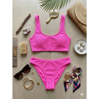 Size L/ Bộ bơi 2 mảnh, bikini đi biển màu hồng noen siêu xinh,áo dáng bra sẵn đệm ngực hàng VNXK