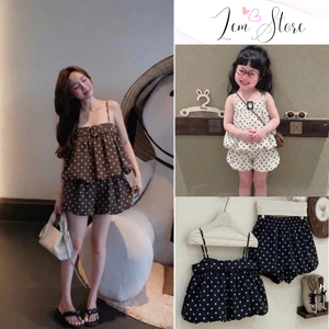 Set Bộ Đũi Bi Áo 2 Dây Bí Phồng Kèm Đai Mix Quần Bí Phồng 2 Lớp - Set đôi Mẹ Và Con Gái
