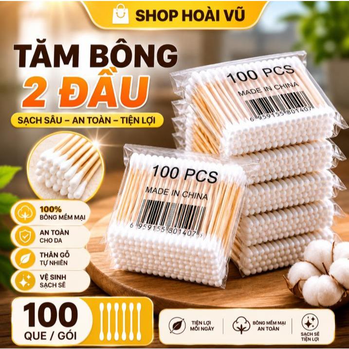 10 GỐI--Gói 100 Tăm Bông Cán Gỗ Thiên Nhiên Ngoáy Tai Tiện Lợi-K645-10 GỐI--