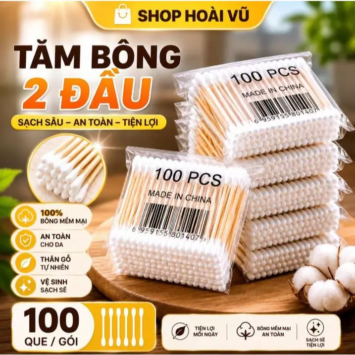 10 GỐI--Gói 100 Tăm Bông Cán Gỗ Thiên Nhiên Ngoáy Tai Tiện Lợi-K645-10 GỐI--