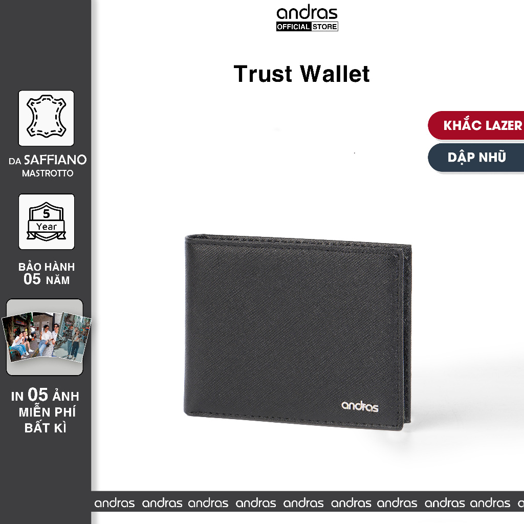 [Khắc Tên] Ví nam da thật Saffiano gập đôi mini nhỏ gọn cao cấp Trust Wallet Andras - V10
