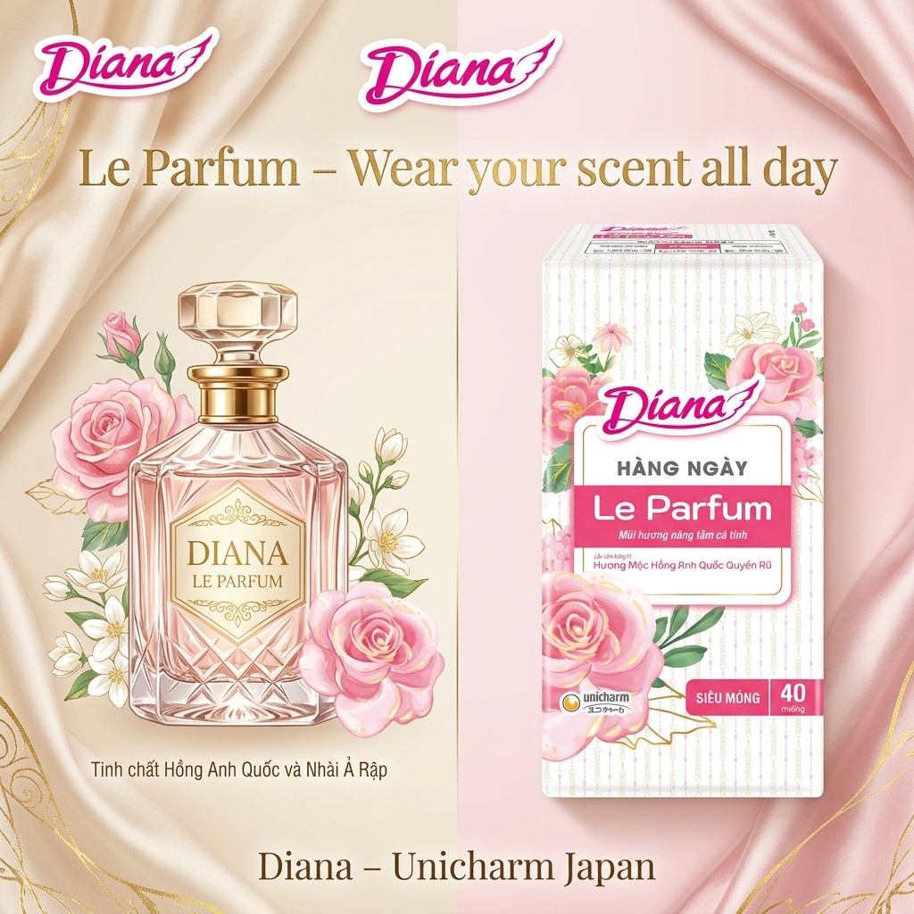 BĂNG VỆ SINH DIANA HÀNG NGÀY LE PARFUM SIÊU MỎNG – HƯƠNG NƯỚC HOA PHÁP QUYẾN RŨ (GÓI 40 MIẾNG)