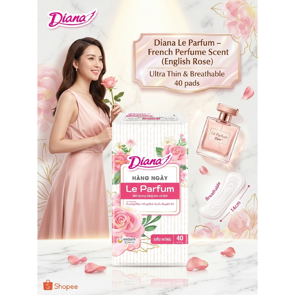 BĂNG VỆ SINH DIANA HÀNG NGÀY LE PARFUM SIÊU MỎNG – HƯƠNG NƯỚC HOA PHÁP QUYẾN RŨ (GÓI 40 MIẾNG)