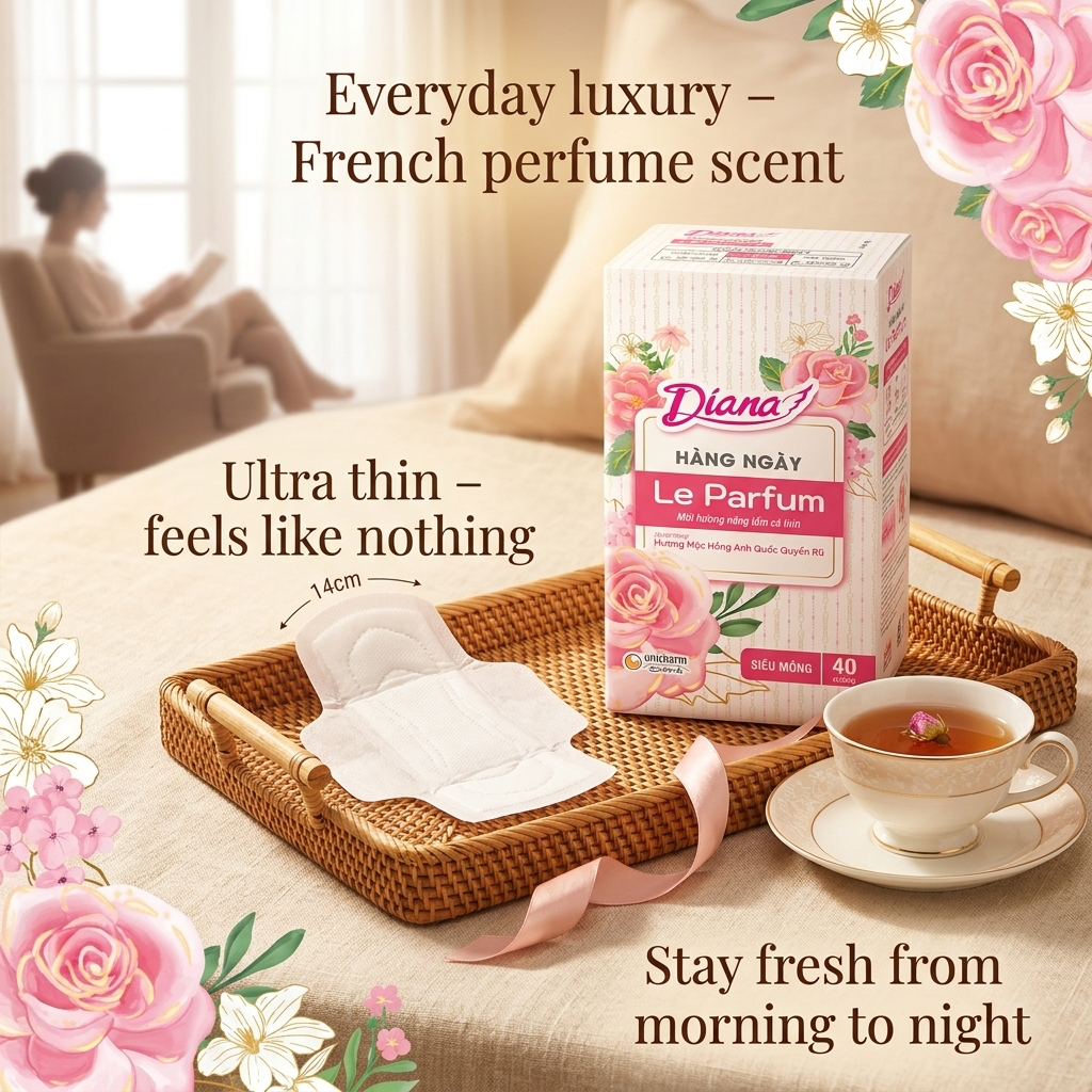 BĂNG VỆ SINH DIANA HÀNG NGÀY LE PARFUM SIÊU MỎNG – HƯƠNG NƯỚC HOA PHÁP QUYẾN RŨ (GÓI 40 MIẾNG)