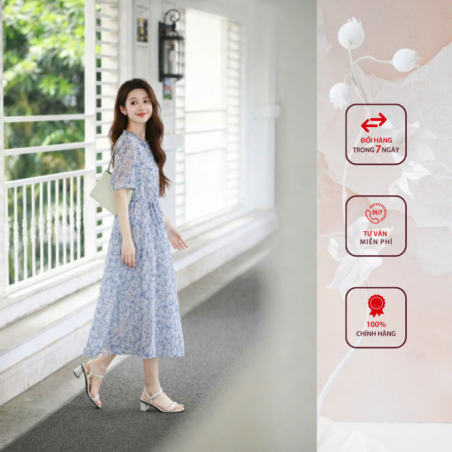 Đầm công sở HELEN thiết kế dáng suông xòe họa tiết xanh DL408