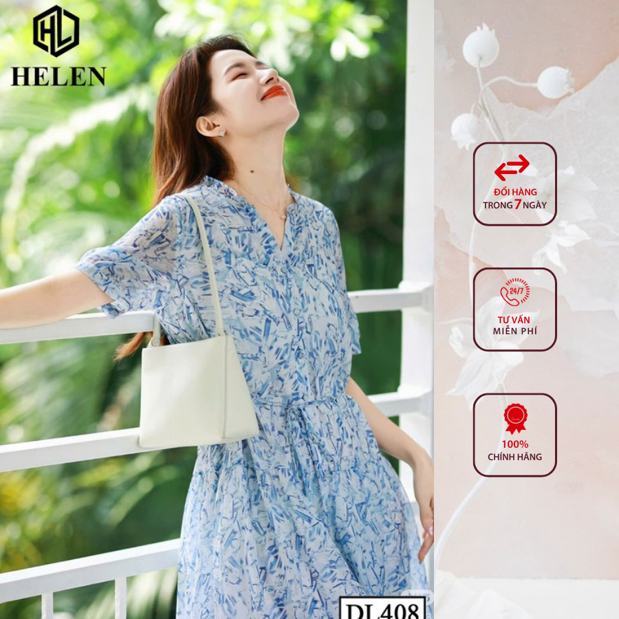 Đầm công sở HELEN thiết kế dáng suông xòe họa tiết xanh DL408