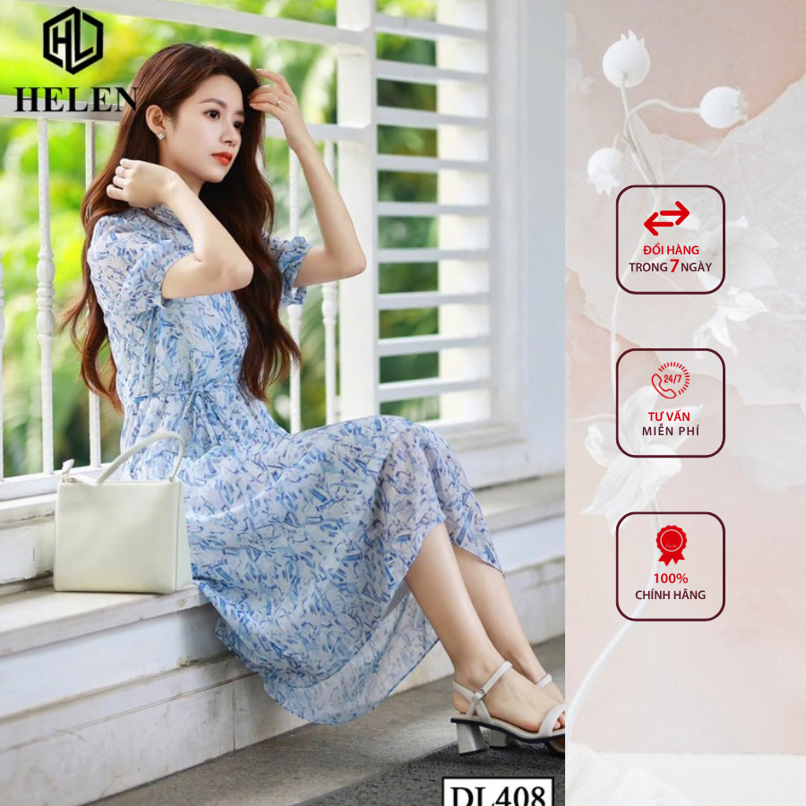 Đầm công sở HELEN thiết kế dáng suông xòe họa tiết xanh DL408