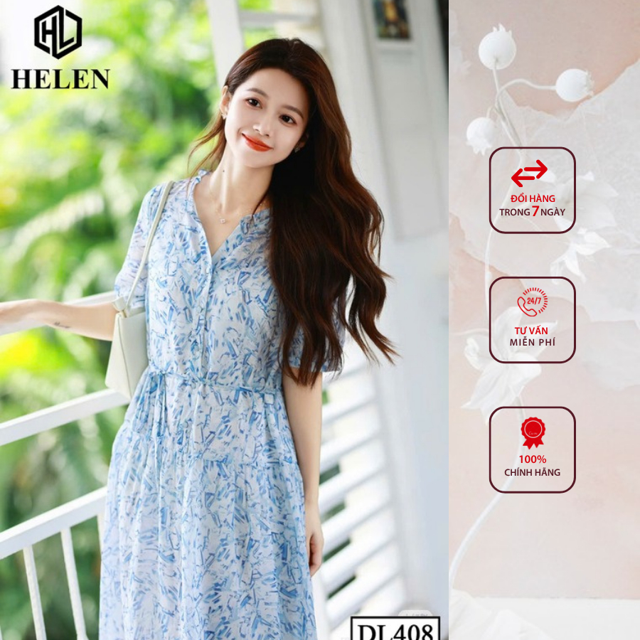 Đầm công sở HELEN thiết kế dáng suông xòe họa tiết xanh DL408