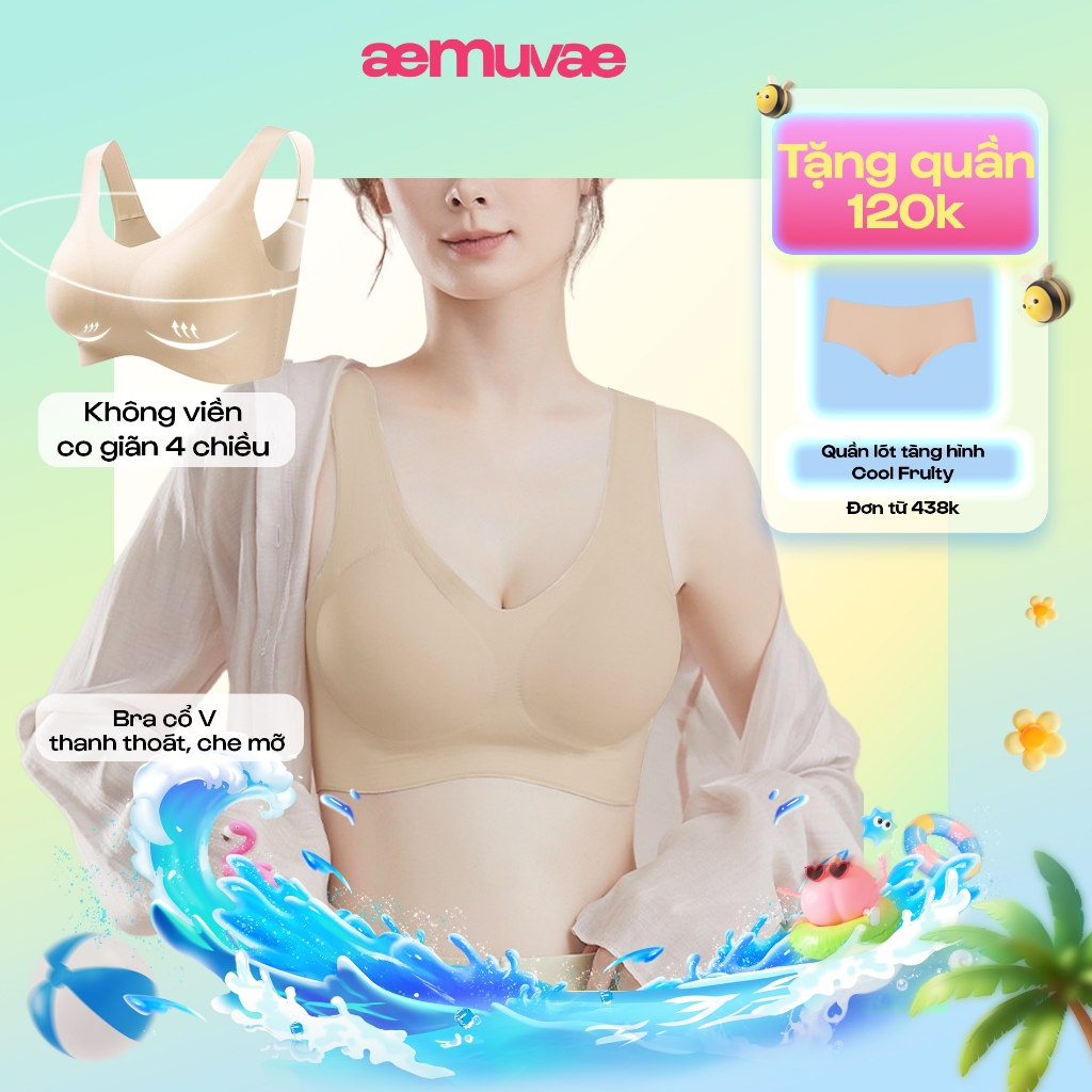 Áo bra cổ V gom gọn, không gọng không viền, mút 3D gờ nâng, siêu đàn hồi freesize - Muvae (aeMuvae)