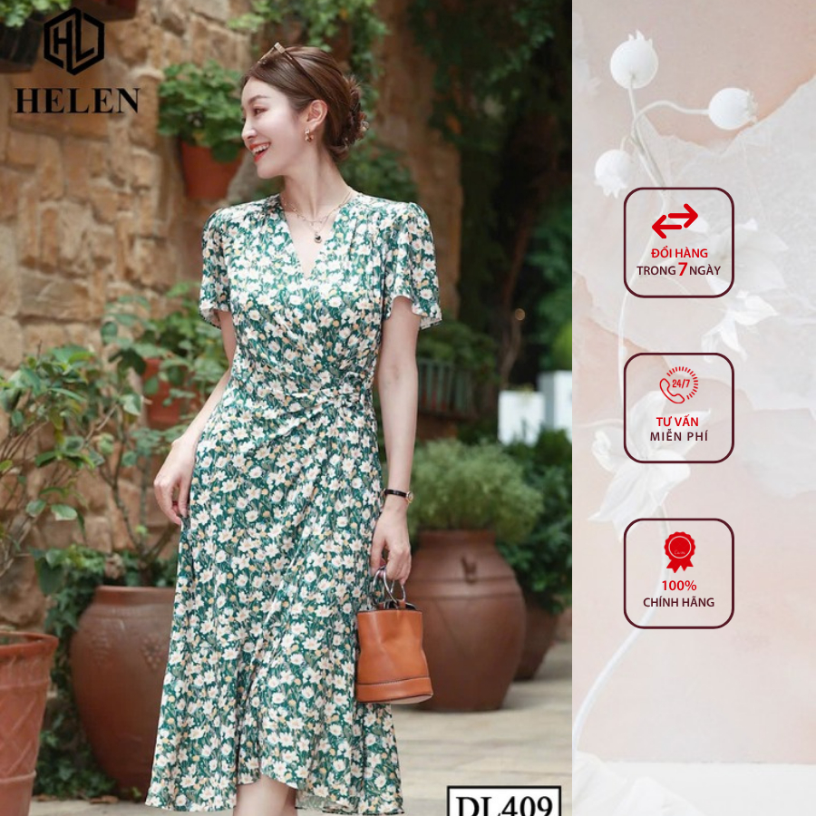 Đầm công sở HELEN thiết kế dáng xòe hoa xanh trắng DL409
