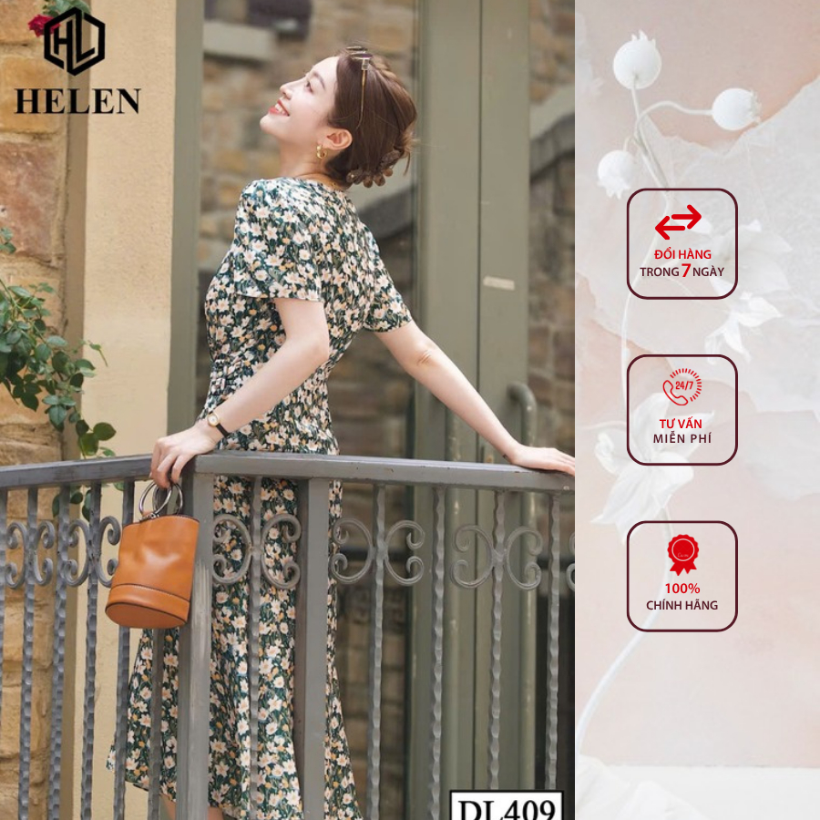 Đầm công sở HELEN thiết kế dáng xòe hoa xanh trắng DL409
