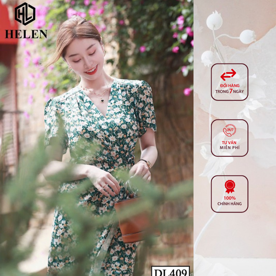 Đầm công sở HELEN thiết kế dáng xòe hoa xanh trắng DL409